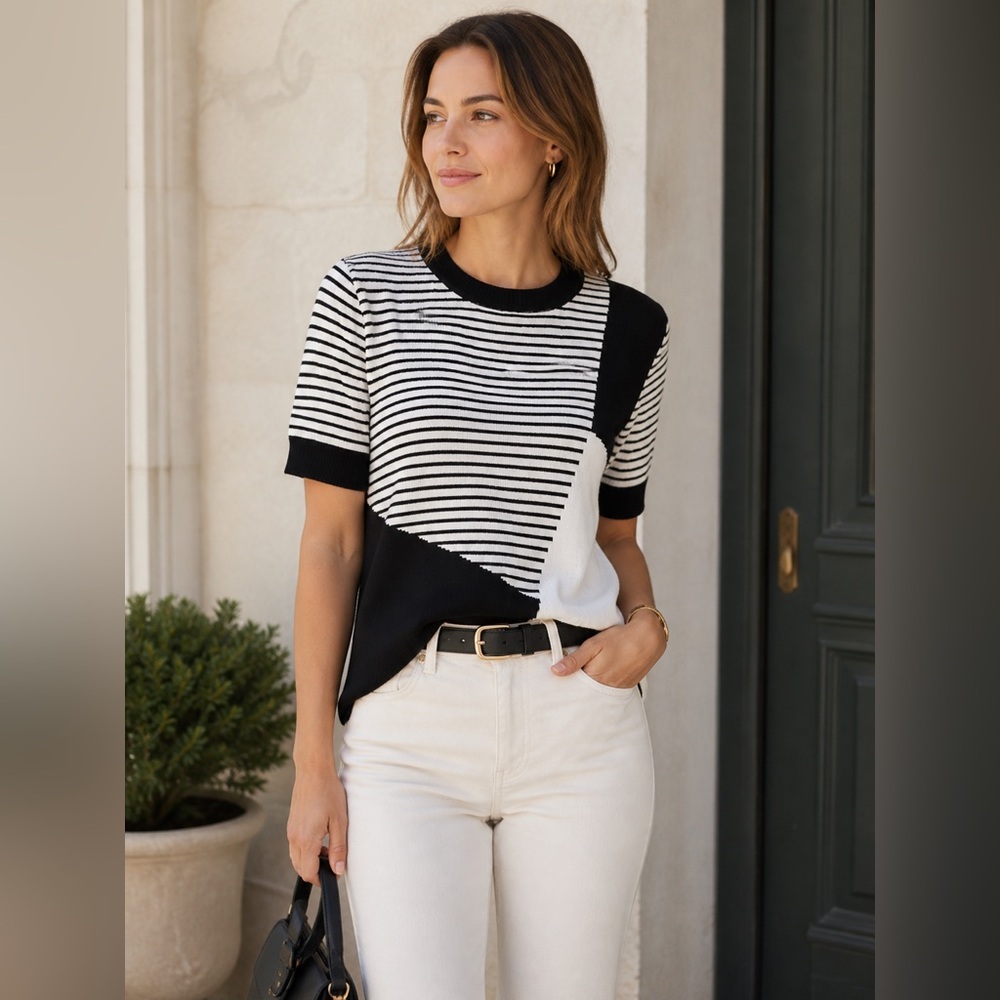 Black White Striped Knit Top Short Sleeve L